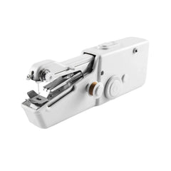 The mini electric sewing machine held in hand, illustrating its portable scale.