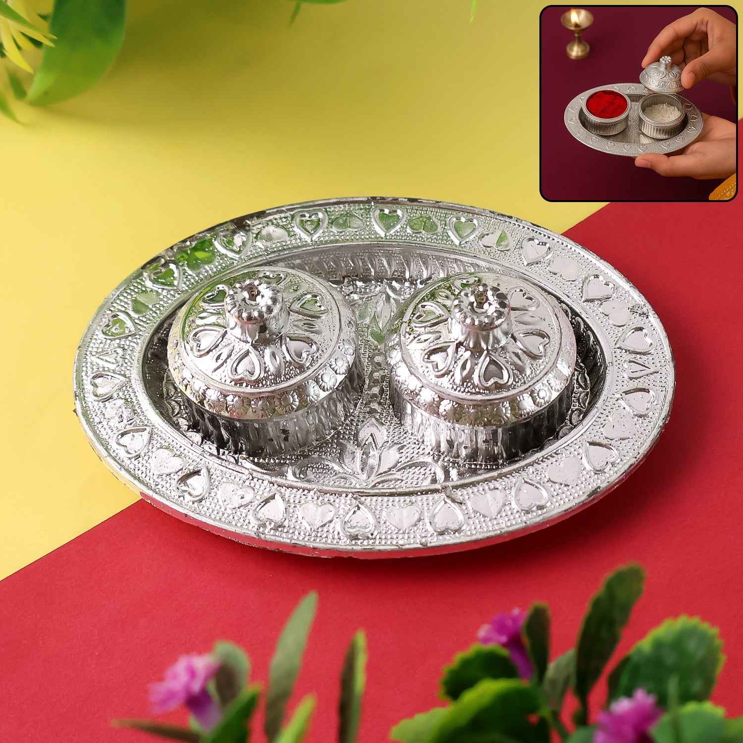 Oval Puja Thali with Kumkum Holders Ð Traditional & Durable Design