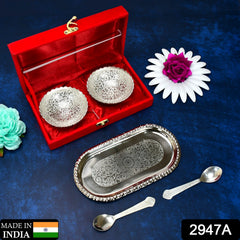 Overhead view of the complete silver plated brass serving set, showcasing its design and arrangement on a tray.