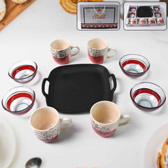 Ceramic cup and glass bowl set with plastic plate on table
