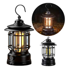 Classic retro rechargeable LED camping lantern casting a warm, inviting glow.