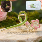 Floral Hair Claw Clip – Elegant Green Leaf with Pink Flower