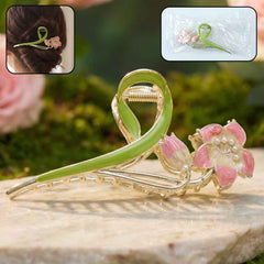 Floral Hair Claw Clip – Elegant Green Leaf with Pink Flower