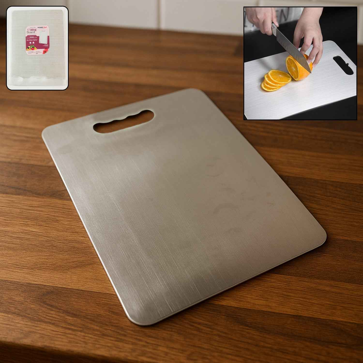 Premium stainless steel cutting board with handle 229x330mm for kitchen use