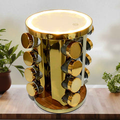 Rotating Spice Rack – LED Illuminated, 16 Jars, Golden Finish | Tidy Table