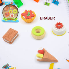 Vibrant 3D fast food erasers neatly arranged on a white background.