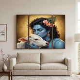 Krishna N Cow Wall Art Ð Vibrant 3 Panel MDF Design for Home