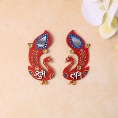 Shubh Labh Wall Hanging – Traditional Peacock Wooden Décor Set