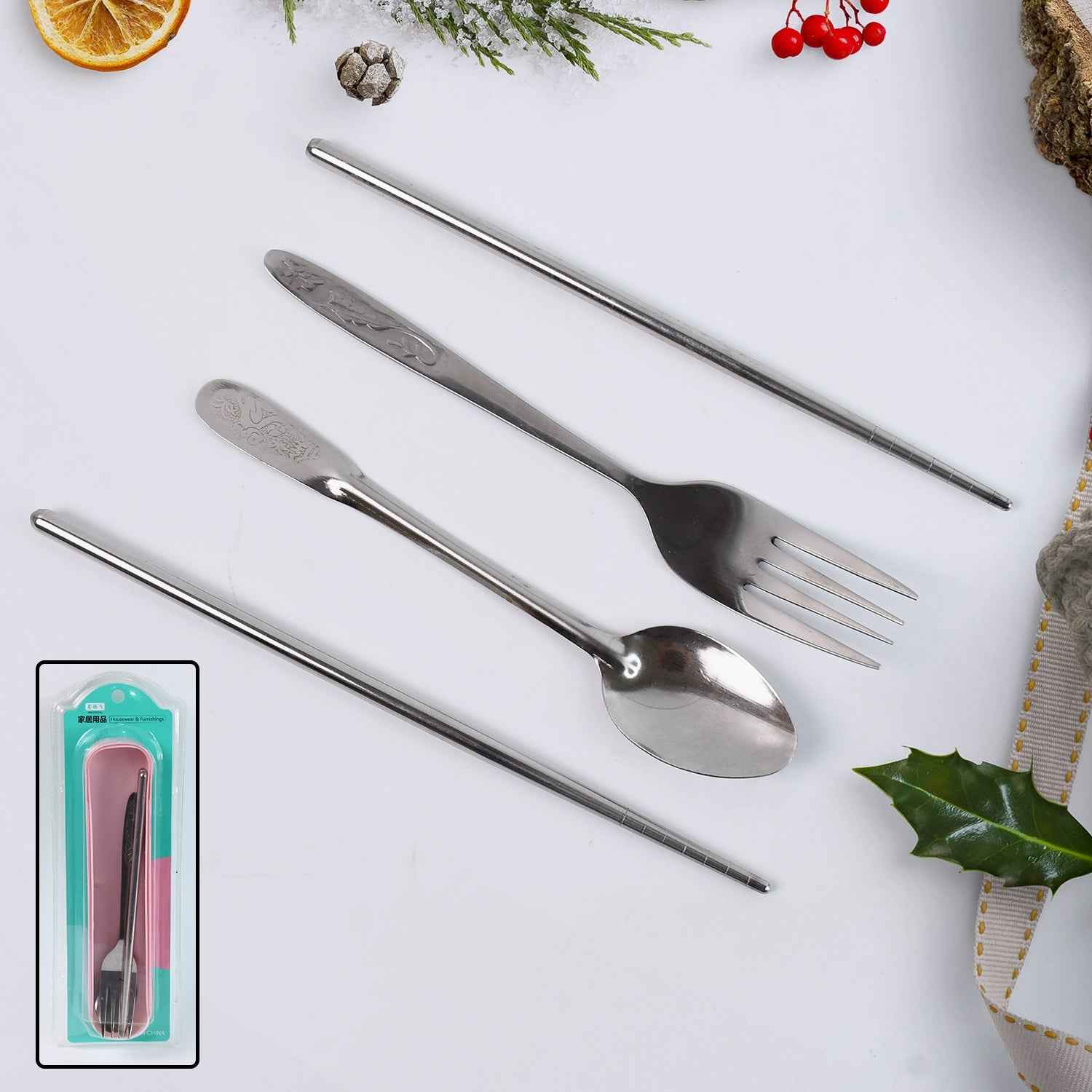 Portable Stainless Steel Cutlery Set – Durable 4-Pc Travel Utensils