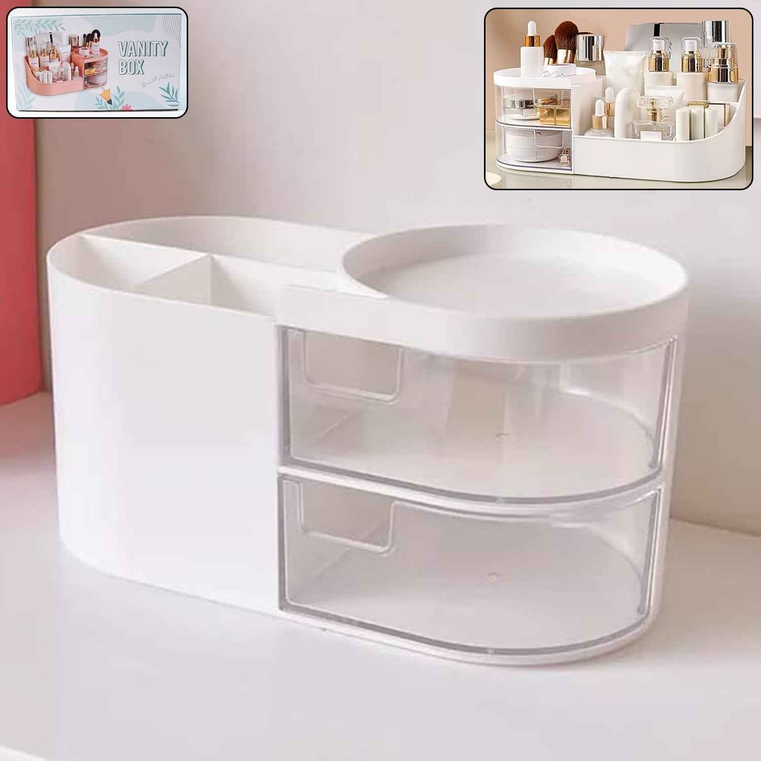 Vanity Organizer with Rotating Tray & Drawers for Easy Storage