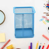 Sleek black metal mesh pen holder for a tidy office desk.