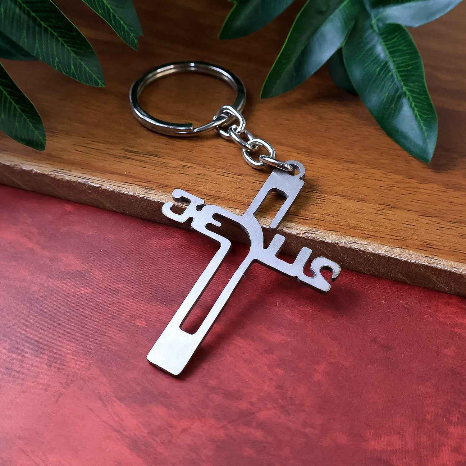 Metal Cross Keychain – Gujarati Jesus Script for Spiritual Style