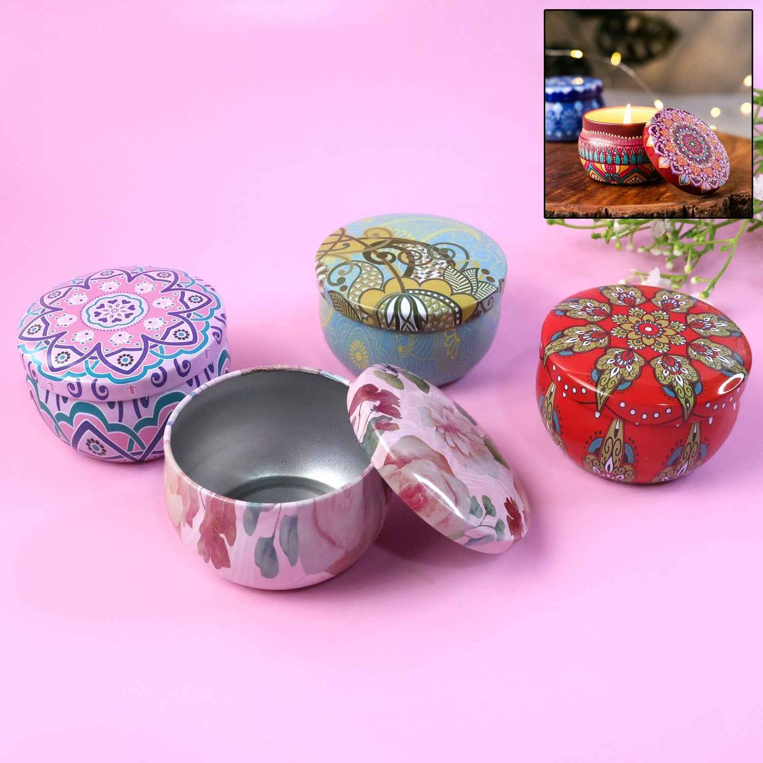 Set of 4 mandala printed metal candle containers with lids for DIY candle making