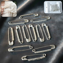 Silver Safety Pin Brooch Set – Elegant Crystal Accent 12 Pc