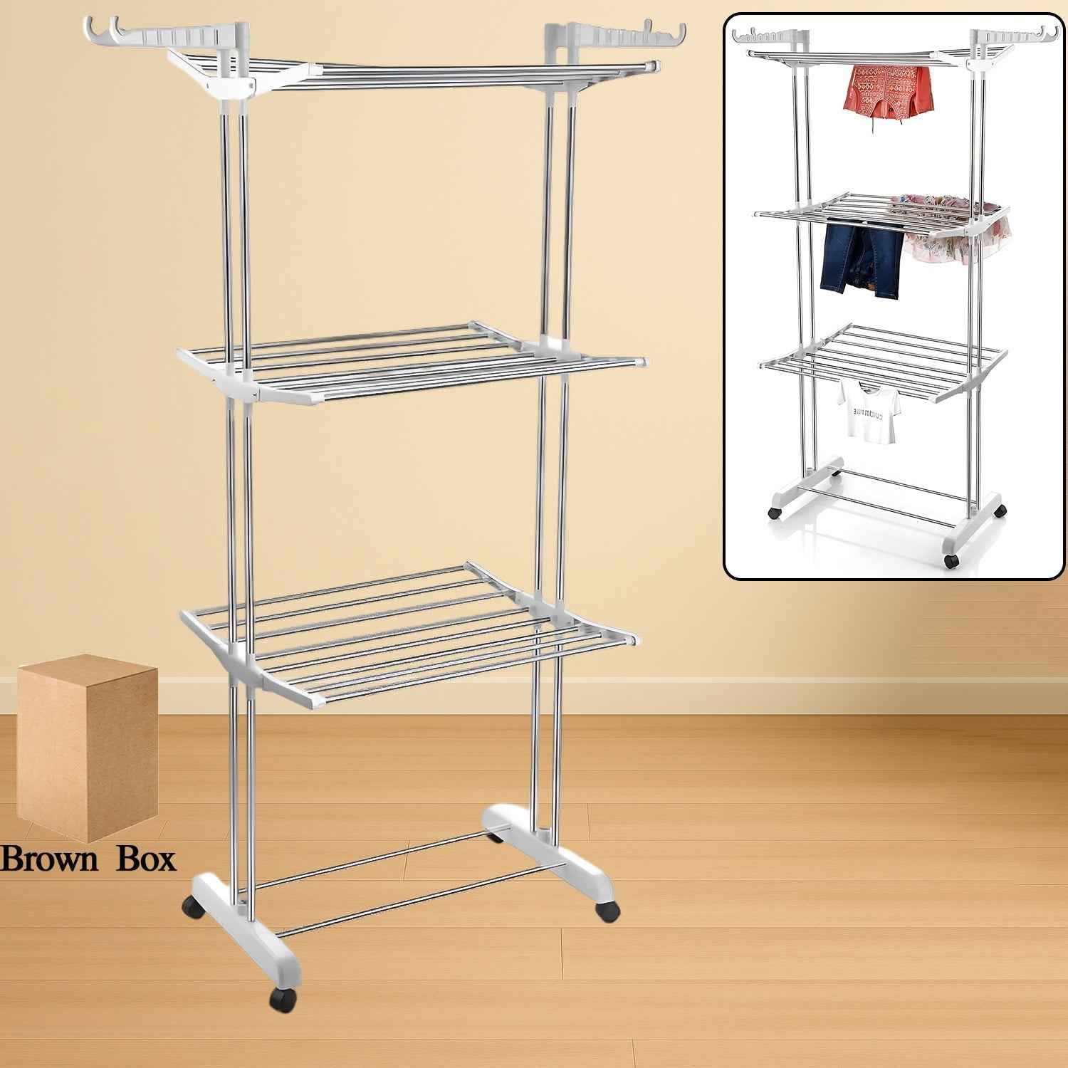 Cloth Drying Stand – 3-Tier Foldable Stainless Steel with Wheels