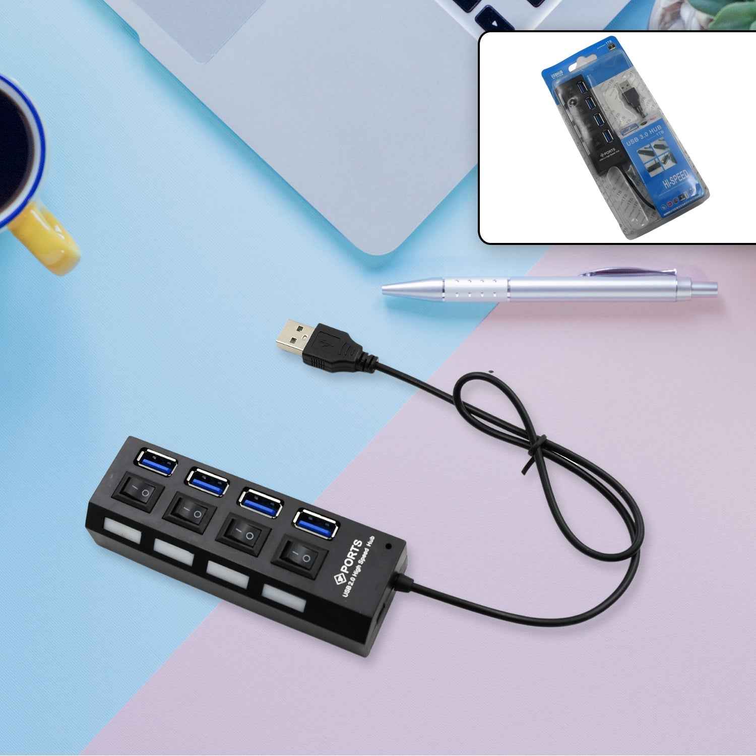 4 Port USB Hub – High-Speed 2.0 Splitter with Switches | Compshop
