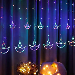 Diya Curtain String Lights – Multicolor 12 Diya | Indo Glow