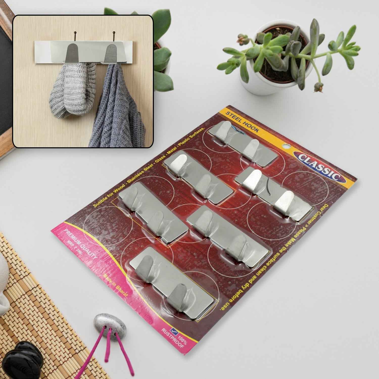 Self-Adhesive Wall Hooks (6 Pcs) – Strong Stainless Steel | Styleva