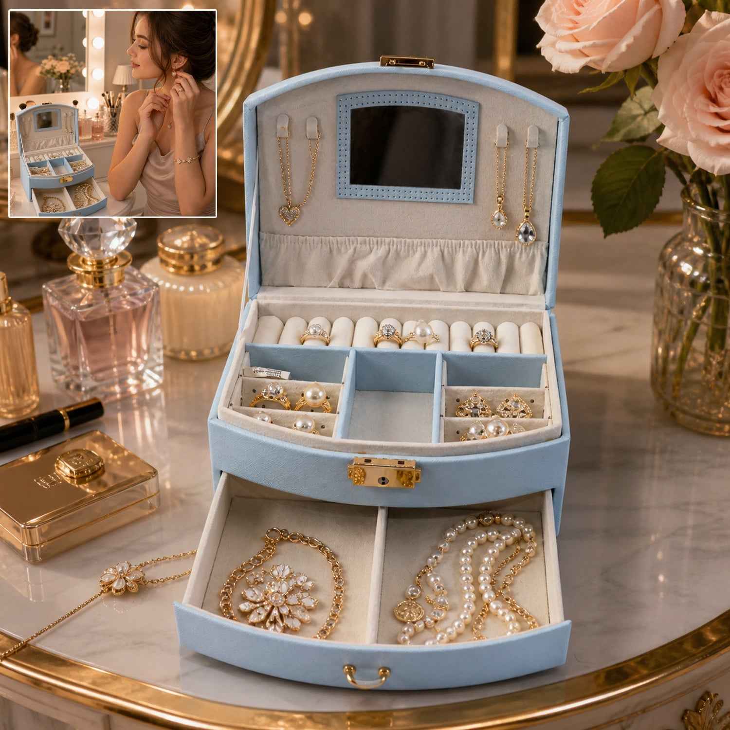 Jewelry Storage Box Ð Multi-Layer Organizer with Mirror for Elegant Storage