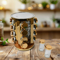 Rotating Spice Rack – LED Illuminated, 16 Jars, Golden Finish | Tidy Table