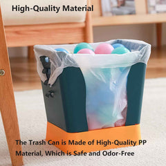 Front view of the plastic expandable garbage bin, highlighting the integrated bag holder.