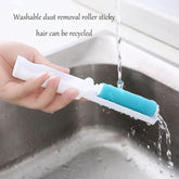 A hand demonstrates the reusable lint roller effectively cleaning fabric.