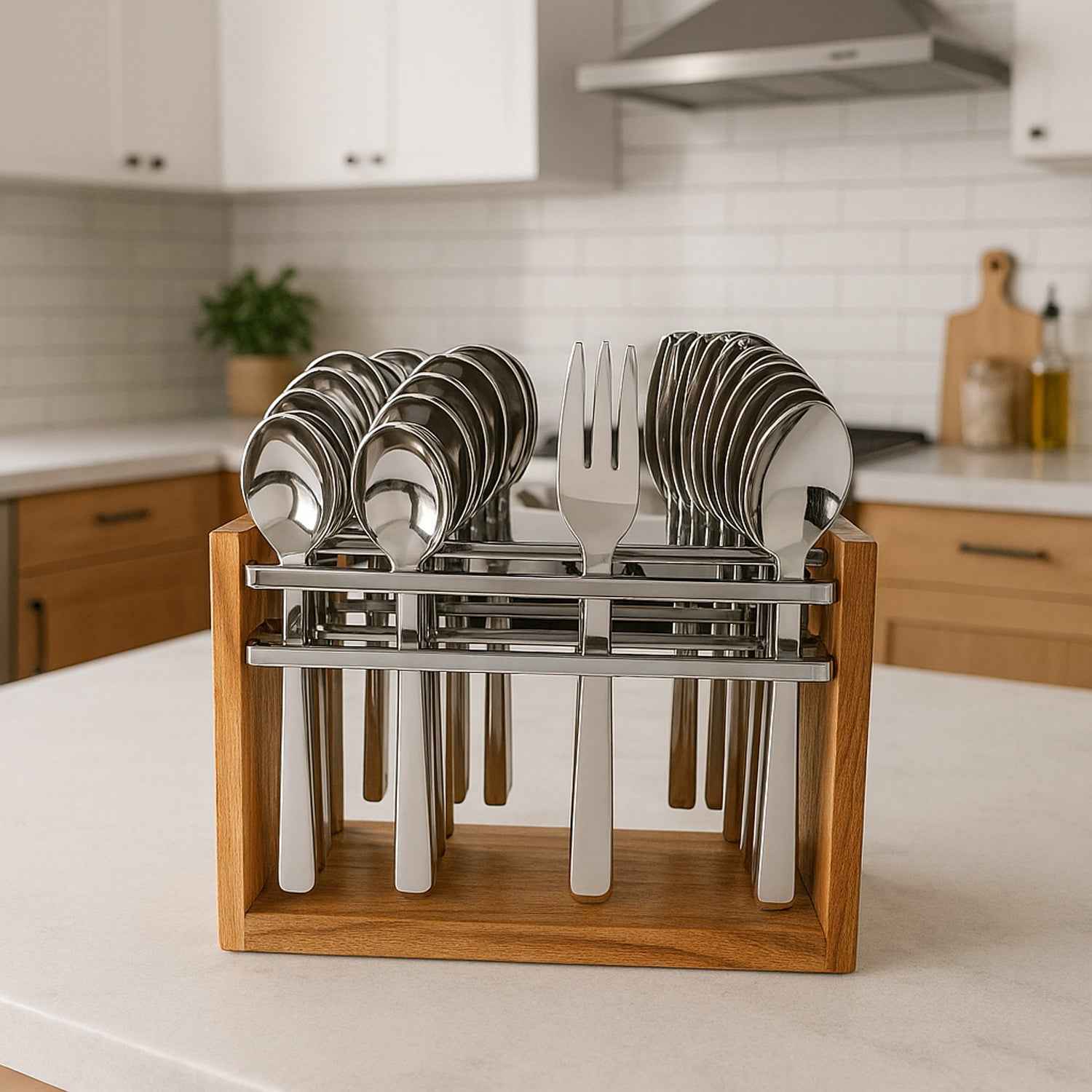 Stainless Steel Cutlery Set – Durable 24-Piece with Wooden Stand