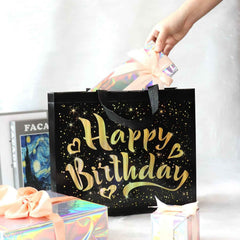 Birthday Gift Bag with Gold Stars – Reusable Black Tote