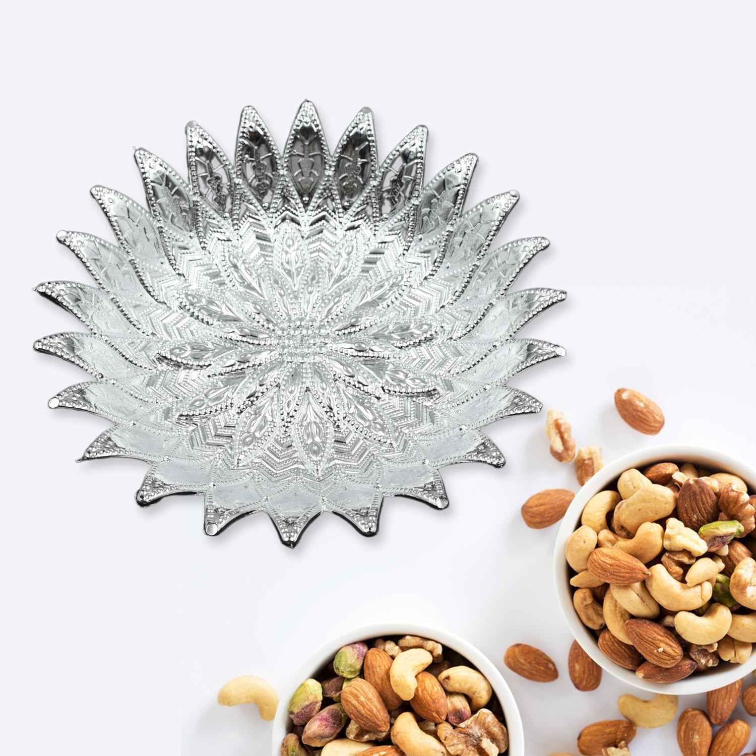 Silver Finish Serving Tray – Decorative Mukhwas & Dry Fruit Platter | Indo Glow