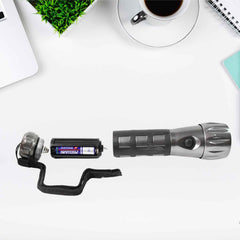 Close-up of the comfortable rubber grip on the LED flashlight.