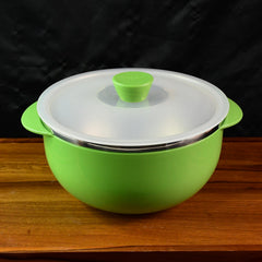 Ergonomic serving bowl with side handles and vented plastic lid