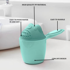 Angled view of the Baby Shampoo Shower Cup, highlighting its curved design for effective water runoff and eye protection.