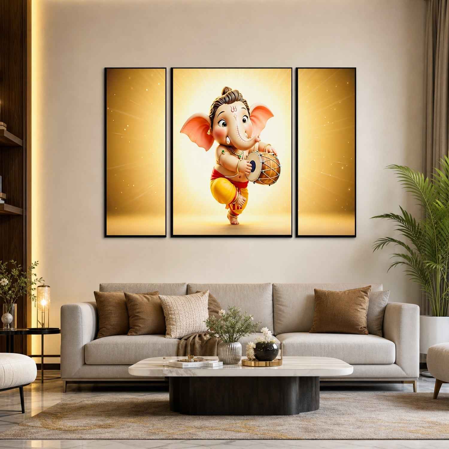 Ganesha Religious Wall Art Ð Vibrant 3 Panel MDF Frame
