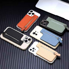 Adhesive card phone holder with secure zipper pocket for cards and cash.