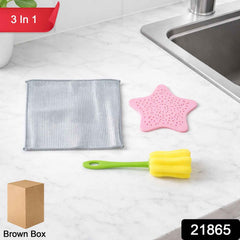 Kitchen Cleaning Set – 3-in-1 Combo with Scrub Pad & Bottle Brush