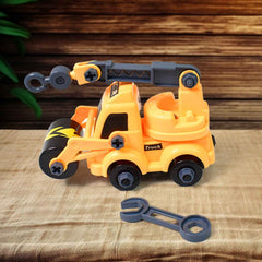 Two vibrant DIY assembly toy engineering vehicles displayed on a white background.