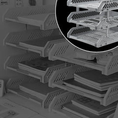 Side view of multi-layer file rack drawers stacked neatly on a shelf.
