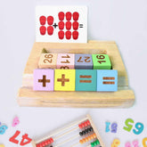 Aditi wooden math game for kids featuring number blocks and colorful flashcards.