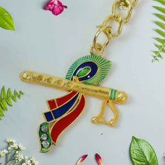 Krishna Flute Keychain – Durable Metal with Peacock Feather Design