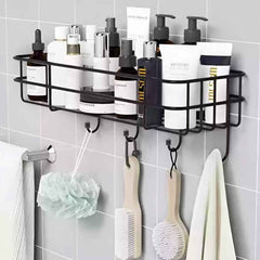 Close-up view of the iron frame of the shower shelf rack