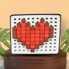 Arrangement of vibrant pixel cubes on the included base board.