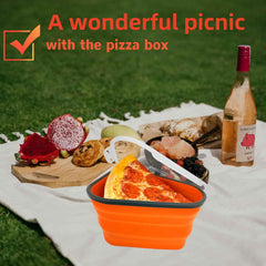 Expanded pizza storage container showcasing its capacity to hold up to five pizza slices with trays.