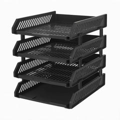 Side view of the four-layer desktop storage rack holding office files.