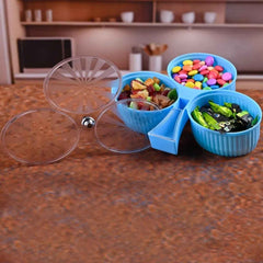 Rotating snack box with three sections for dry fruits and candies