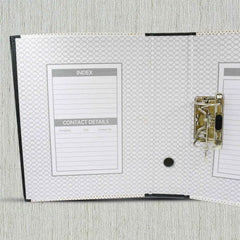 Multiple button clip box files stacked neatly for storage.
