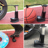 Portable foot bike pump with pressure gauge for accurate tire inflation.