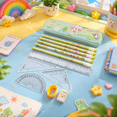 Colorful cartoon geometry box stationery set with rulers, pencils, and protractor