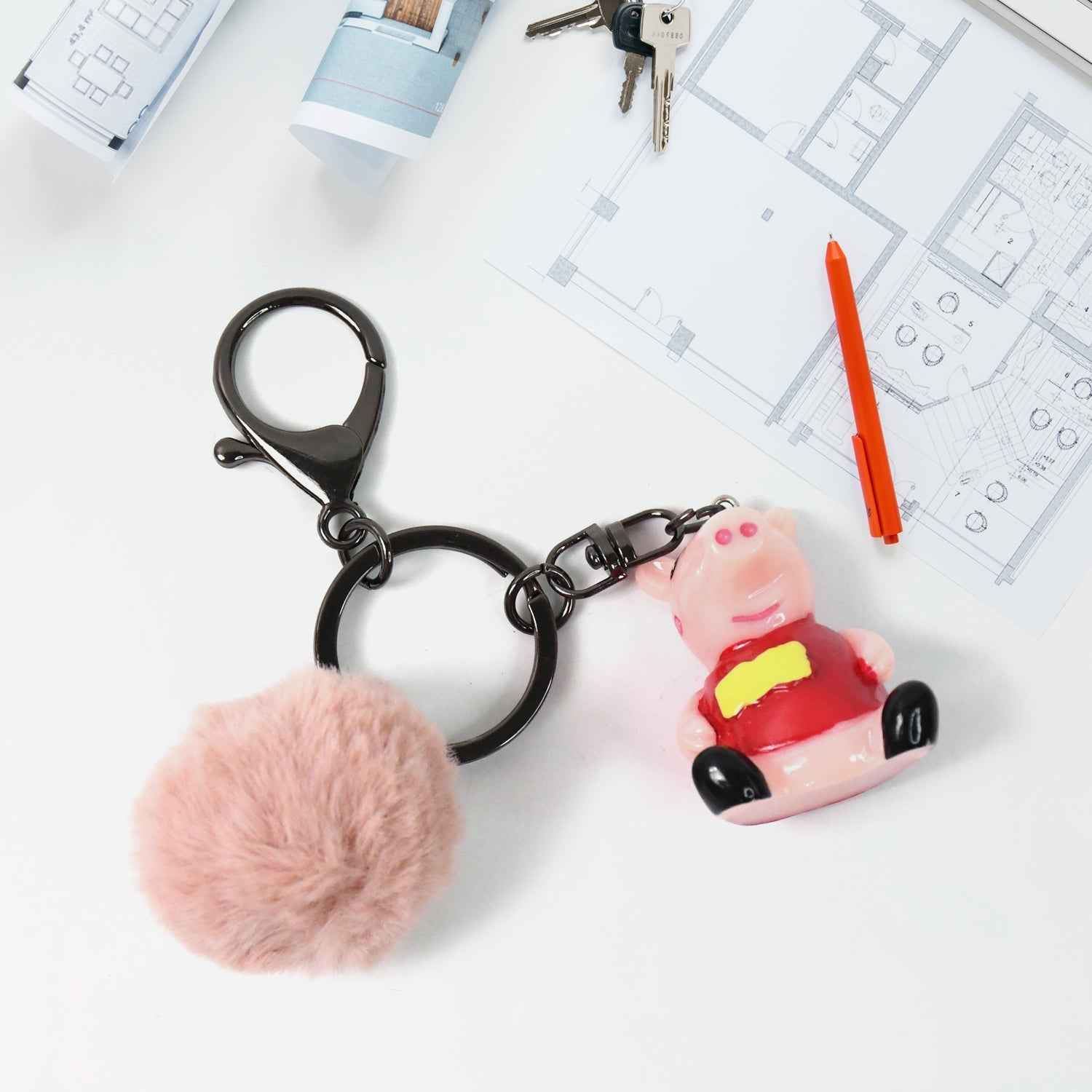 Cartoon Keychain with Fluffy Pom – Cute Bag Charm Accessory