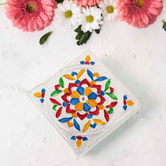 The Meenakari chowki placed as a decorative piece, enhancing traditional Indian home decor.