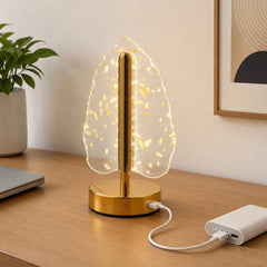 Golden Crystal Leaf LED Table Lamp – USB Charging & Warm Light